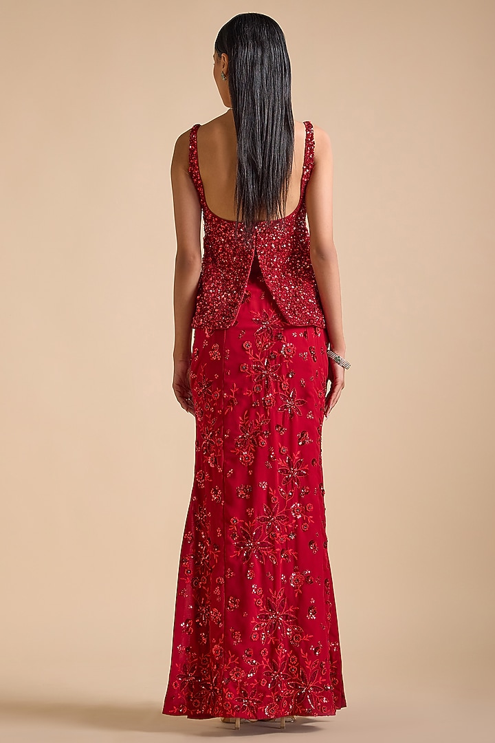 Red Georgette Sequins Embroidered Slit Skirt Set by Prevasu at Pernia's Pop Up Shop
