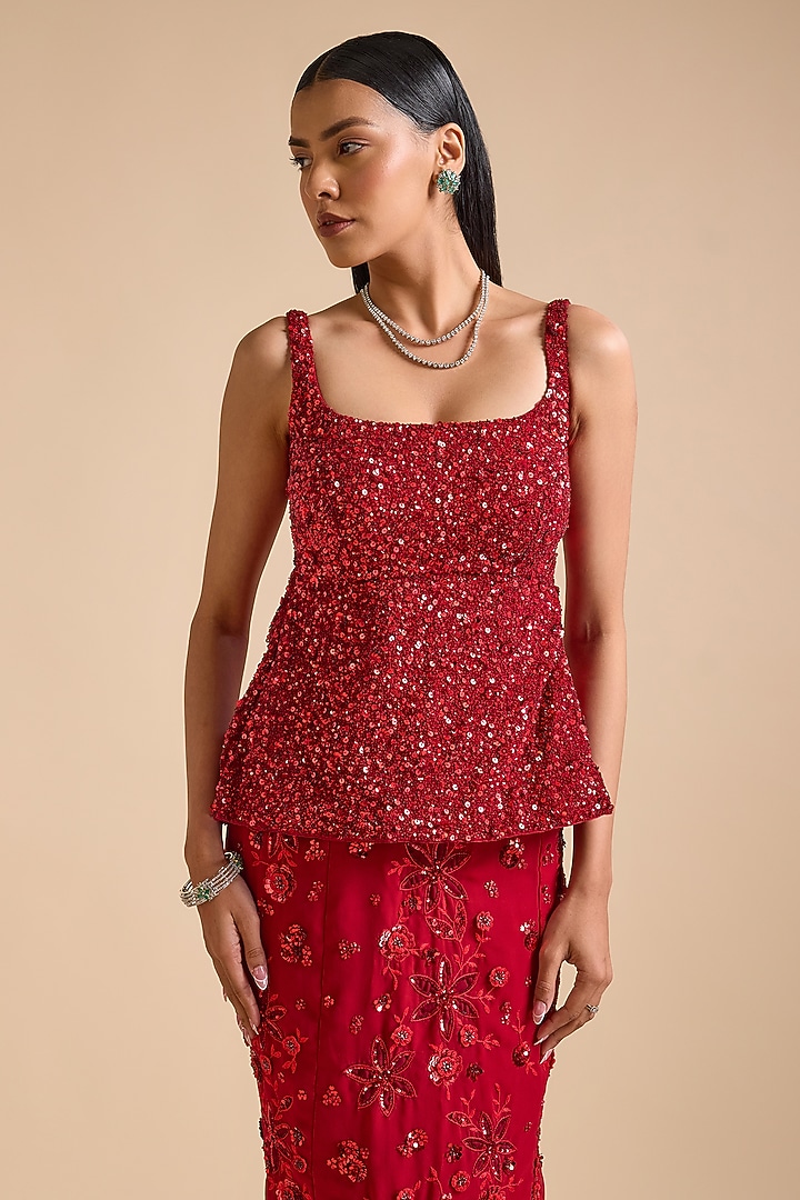 Red Georgette Sequins Embroidered Slit Skirt Set by Prevasu at Pernia's Pop Up Shop