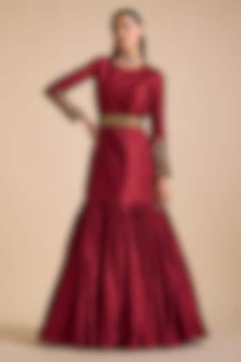 Maroon Silk Embellished Flared Gown by Prevasu at Pernia's Pop Up Shop