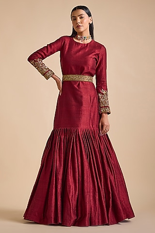 Maroon Silk Embellished Flared Gown by Prevasu