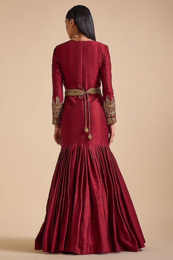 Maroon Silk Embellished Flared Engagement Gown by Prevasu at Pernia's Pop Up Shop
