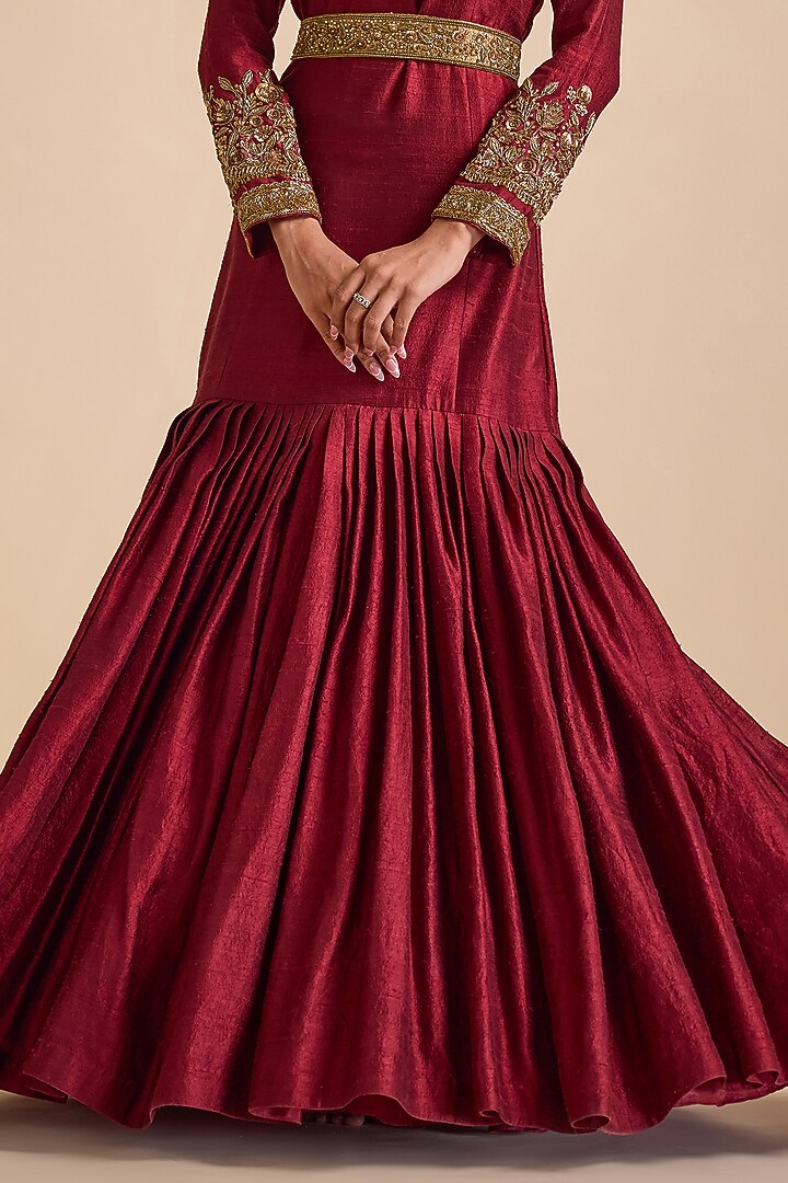 Maroon Silk Embellished Flared Engagement Gown by Prevasu at Pernia's Pop Up Shop