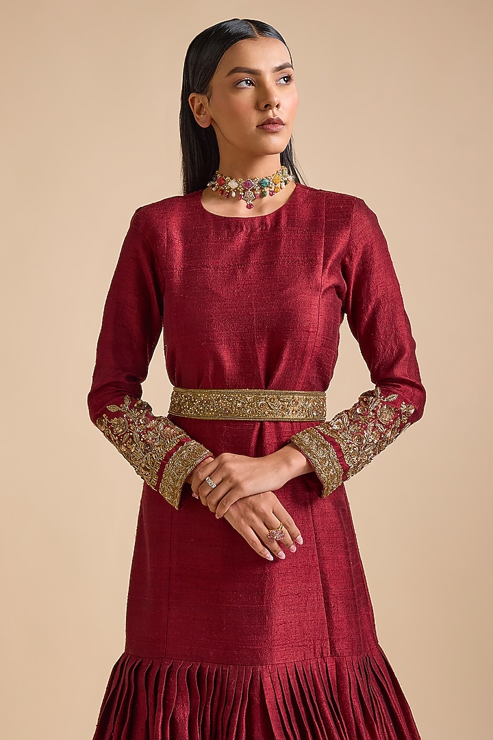 Maroon Silk Embellished Flared Engagement Gown by Prevasu at Pernia's Pop Up Shop