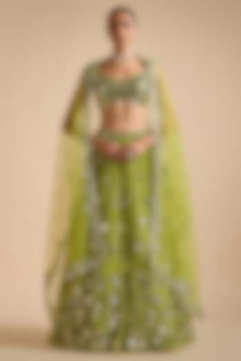 Lime Green Net Sequins & Mirror Embroidered Wedding Lehenga Set by Prevasu at Pernia's Pop Up Shop