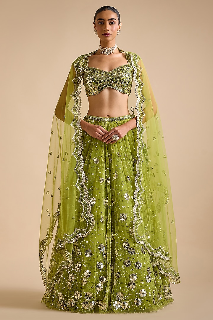 Lime Green Net Sequins & Mirror Embroidered Wedding Lehenga Set by Prevasu at Pernia's Pop Up Shop