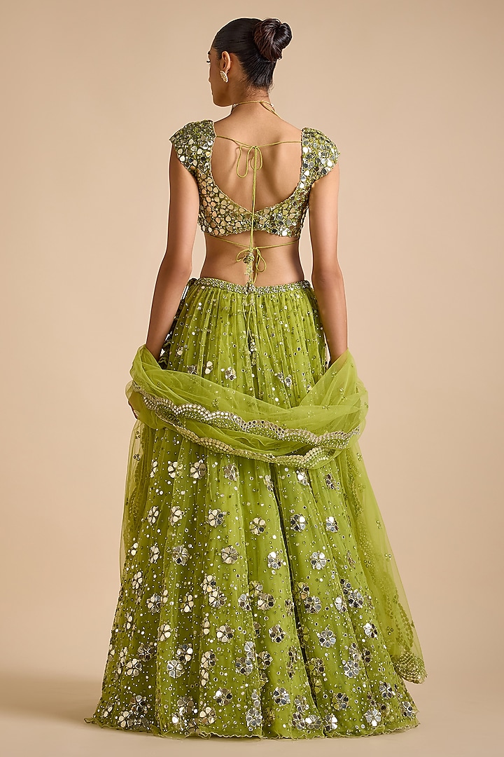 Lime Green Net Sequins & Mirror Embroidered Bridal Lehenga Set by Prevasu at Pernia's Pop Up Shop