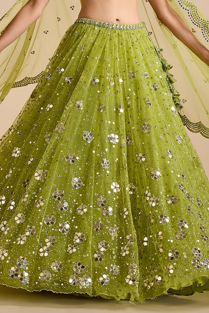 Lime Green Net Sequins & Mirror Embroidered Bridal Lehenga Set by Prevasu at Pernia's Pop Up Shop