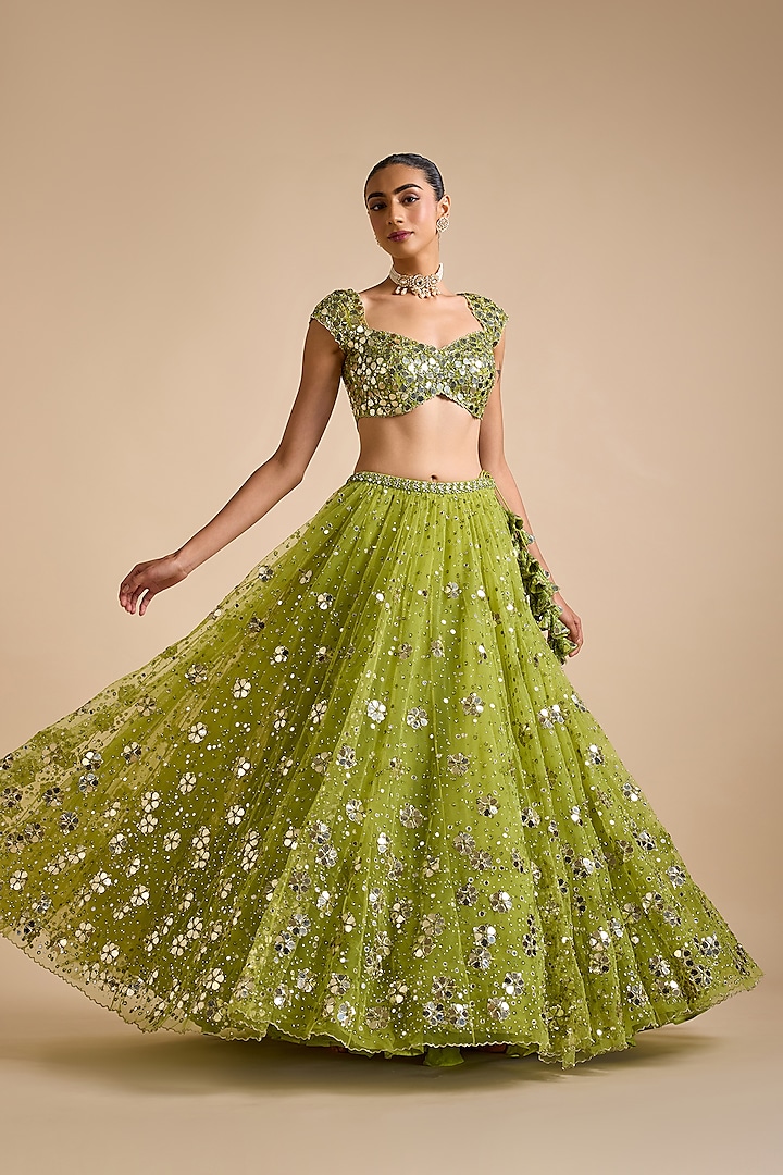Lime Green Net Sequins & Mirror Embroidered Bridal Lehenga Set by Prevasu at Pernia's Pop Up Shop