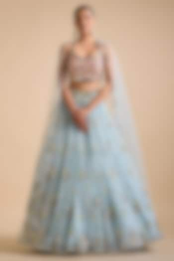 Icy Blue Net Splatter Embroidered Wedding Lehenga Set by Prevasu at Pernia's Pop Up Shop