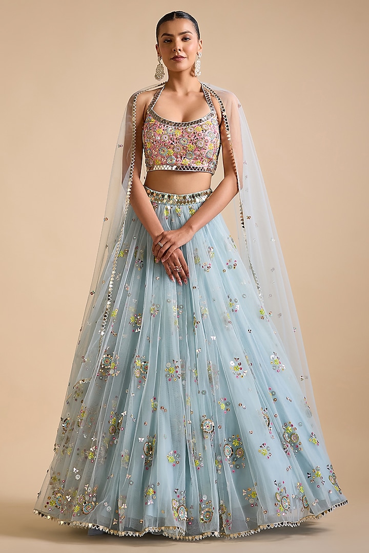 Icy Blue Net Splatter Embroidered Wedding Lehenga Set by Prevasu at Pernia's Pop Up Shop