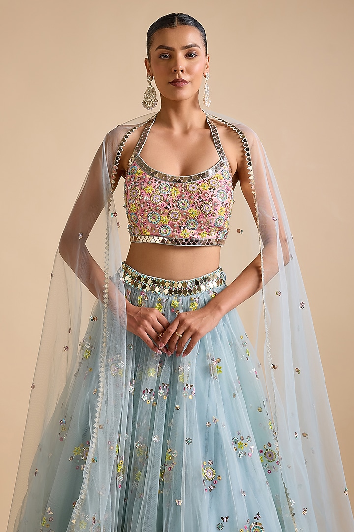 Icy Blue Net Splatter Embroidered Wedding Lehenga Set by Prevasu at Pernia's Pop Up Shop