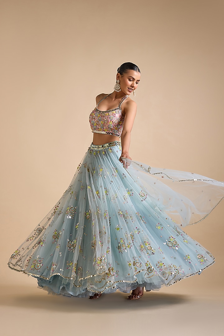 Icy Blue Net Splatter Embroidered Wedding Lehenga Set by Prevasu at Pernia's Pop Up Shop
