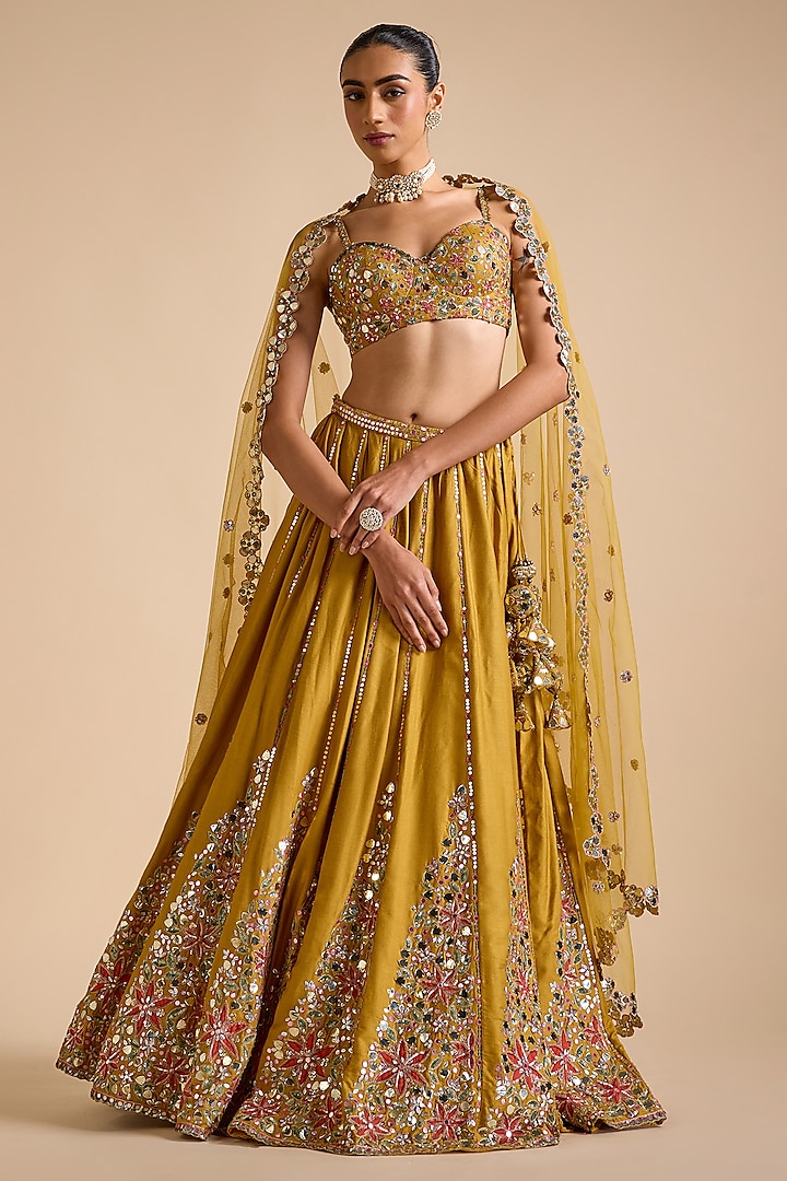 Mustard Blended Tussar Mirror Embellished Lehenga Set by Prevasu