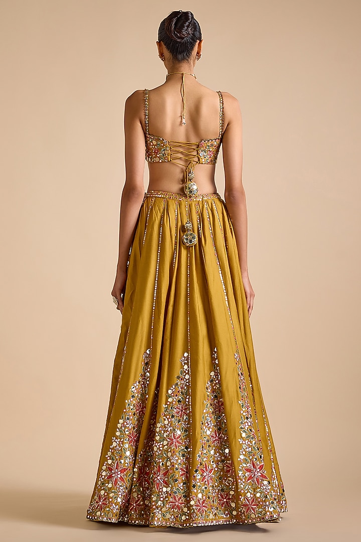 Mustard Blended Tussar Mirror Embellished Wedding Lehenga Set by Prevasu at Pernia's Pop Up Shop
