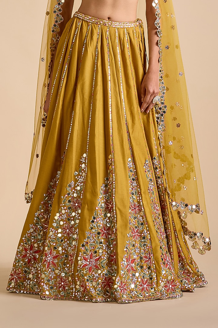Mustard Blended Tussar Mirror Embellished Wedding Lehenga Set by Prevasu at Pernia's Pop Up Shop