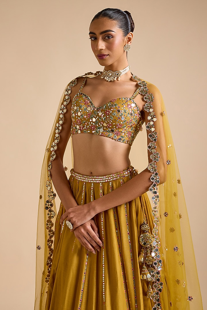 Mustard Blended Tussar Mirror Embellished Wedding Lehenga Set by Prevasu at Pernia's Pop Up Shop