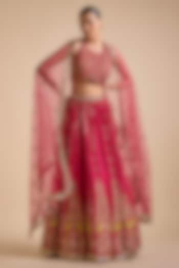 Rani Pink Blended Tussar Embroidered Bridal Lehenga Set by Prevasu at Pernia's Pop Up Shop