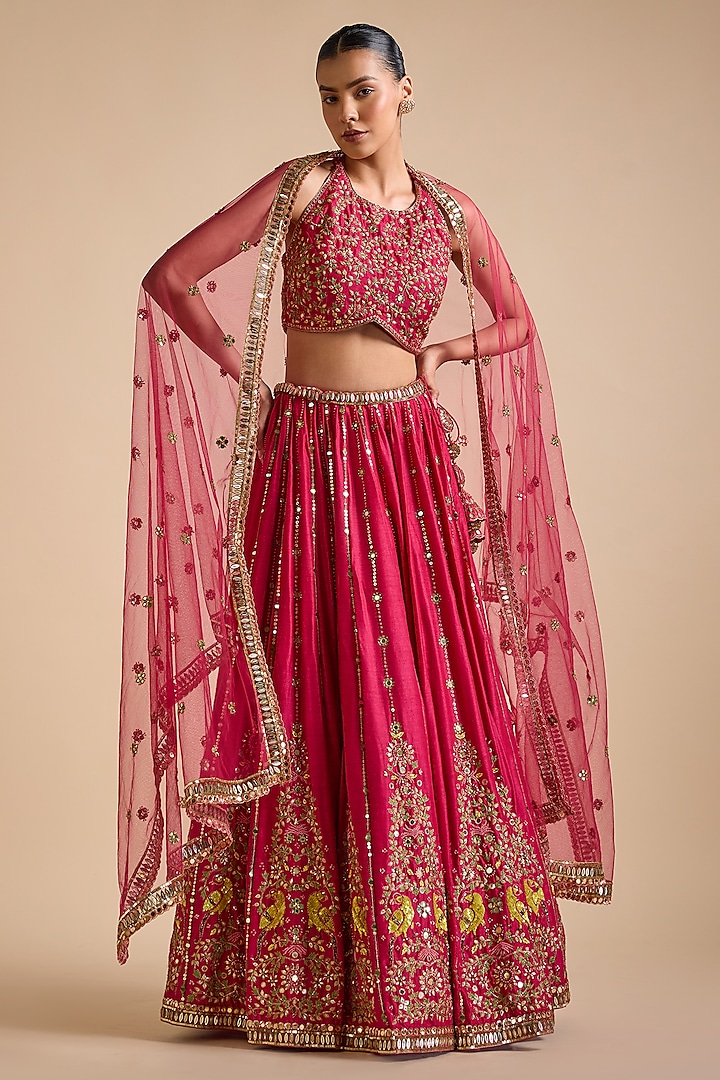 Rani Pink Blended Tussar Embroidered Bridal Lehenga Set by Prevasu at Pernia's Pop Up Shop