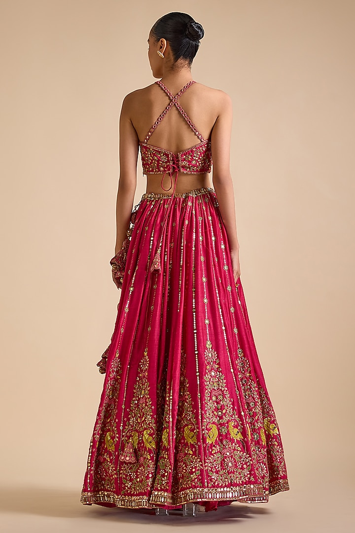 Rani Pink Blended Tussar Embroidered Bridal Lehenga Set by Prevasu at Pernia's Pop Up Shop