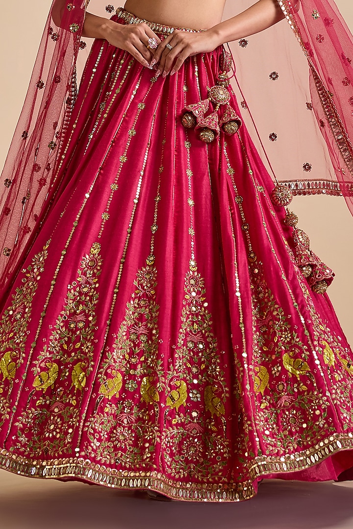 Rani Pink Blended Tussar Embroidered Bridal Lehenga Set by Prevasu at Pernia's Pop Up Shop