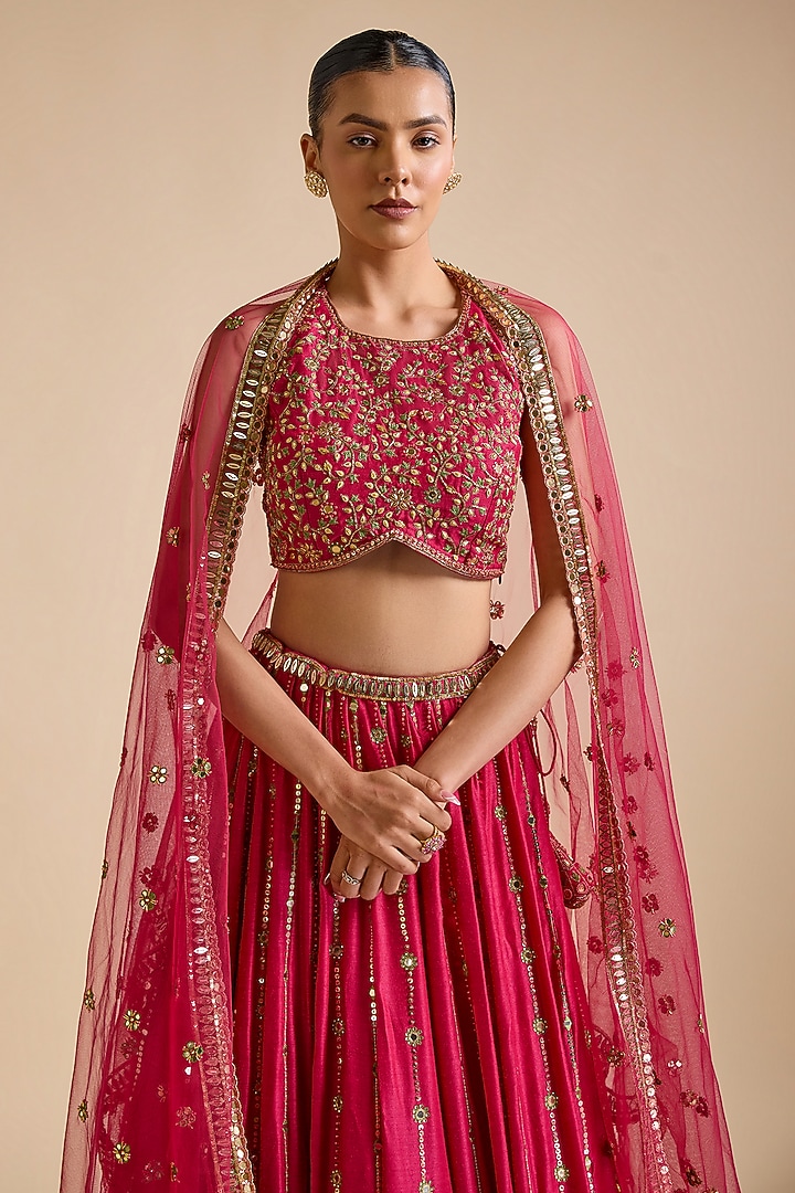 Rani Pink Blended Tussar Embroidered Bridal Lehenga Set by Prevasu at Pernia's Pop Up Shop