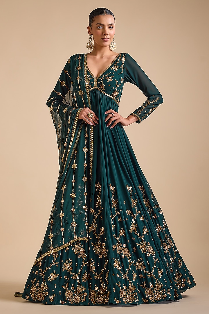 Emerald Green Georgette Sequins Embroidered Anarkali Gown by Prevasu at Pernia's Pop Up Shop