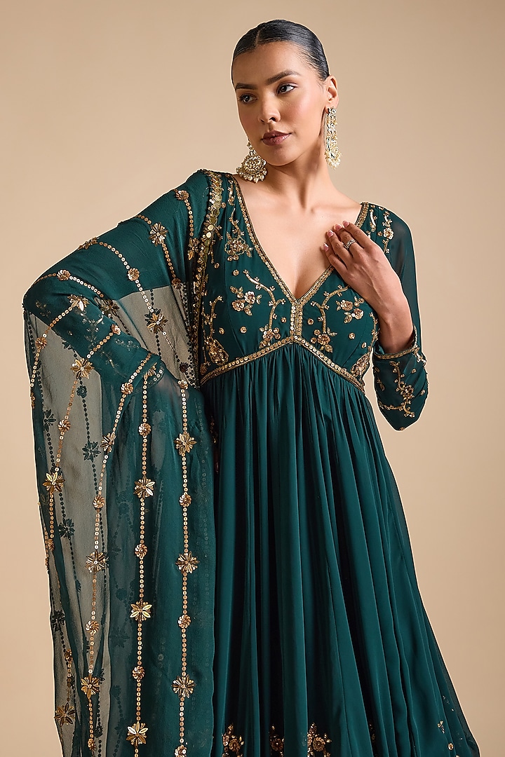 Emerald Green Georgette Sequins Embroidered Bridal Anarkali Gown by Prevasu  at Pernia's Pop Up Shop 2026