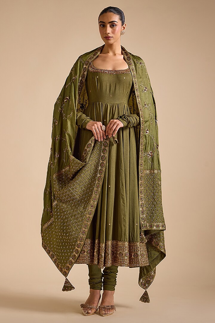 Olive Green Blended Tussar Zardosi Embroidered Anarkali Set by Prevasu at Pernia's Pop Up Shop