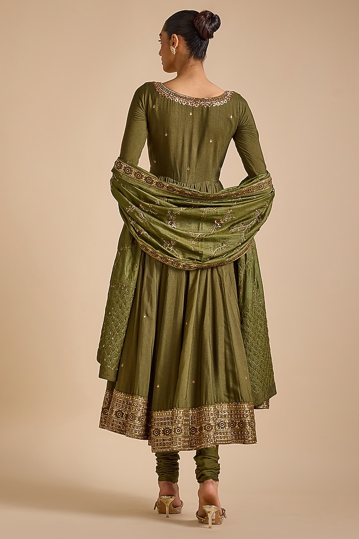 Olive Green Blended Tussar Zardosi Embroidered Bridal Anarkali Set by Prevasu at Pernia's Pop Up Shop
