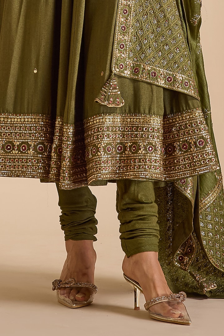 Olive Green Blended Tussar Zardosi Embroidered Bridal Anarkali Set by Prevasu at Pernia's Pop Up Shop