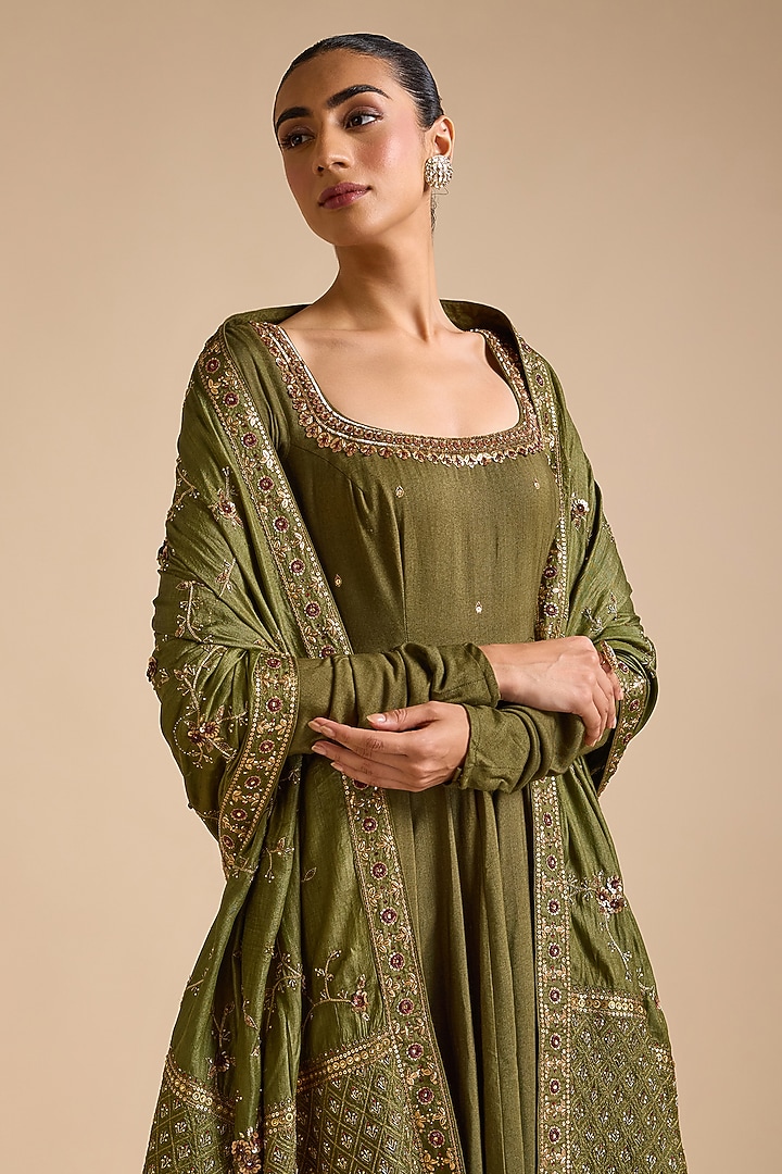 Olive Green Blended Tussar Zardosi Embroidered Bridal Anarkali Set by Prevasu at Pernia's Pop Up Shop