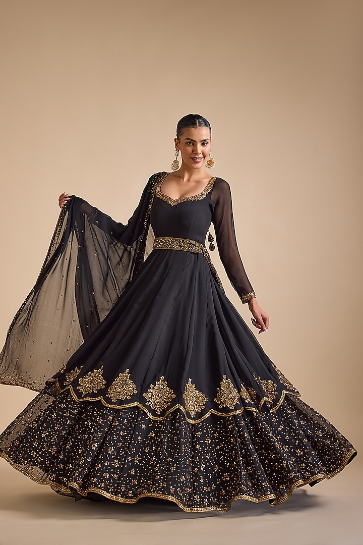 Black Georgette Sequins Embroidered Layered Anarkali Set by Prevasu at Pernia's Pop Up Shop