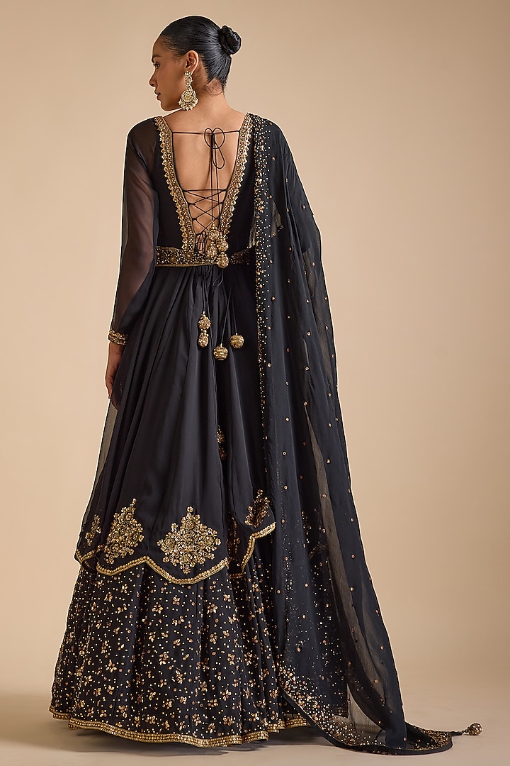 Black Georgette Sequins Embroidered Layered Bridal Anarkali Set by Prevasu at Pernia's Pop Up Shop