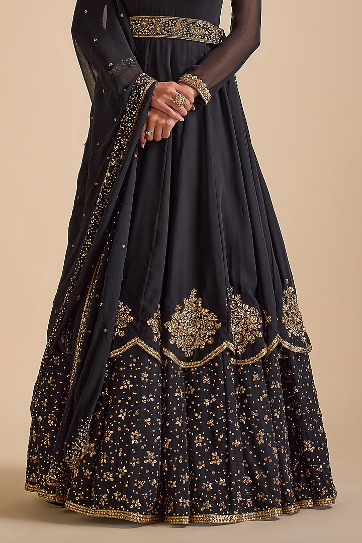 Black Georgette Sequins Embroidered Layered Bridal Anarkali Set by Prevasu at Pernia's Pop Up Shop