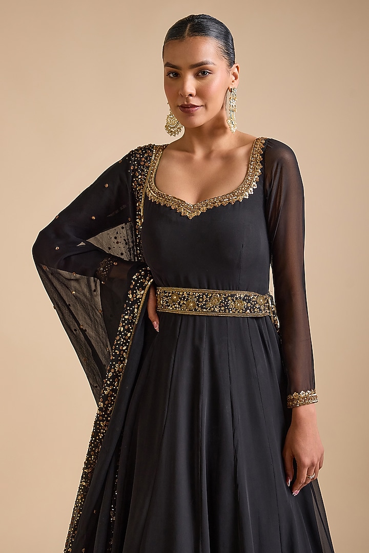 Black Georgette Sequins Embroidered Layered Bridal Anarkali Set by Prevasu at Pernia's Pop Up Shop