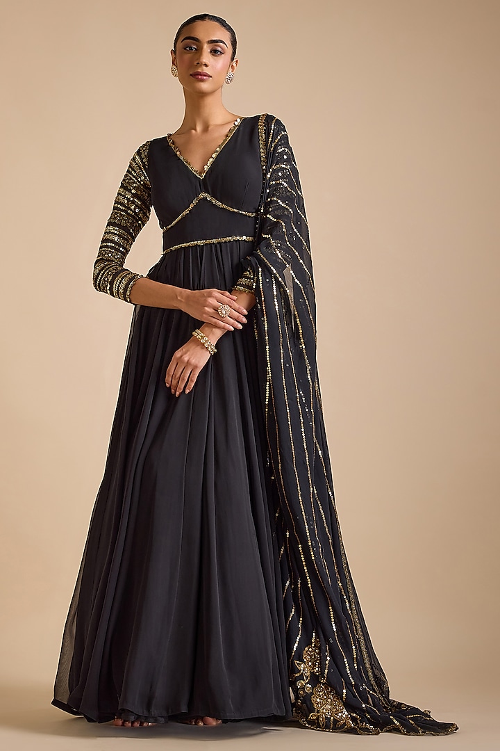 Black Georgette Embroidered Anarkali Set by Prevasu at Pernia's Pop Up Shop