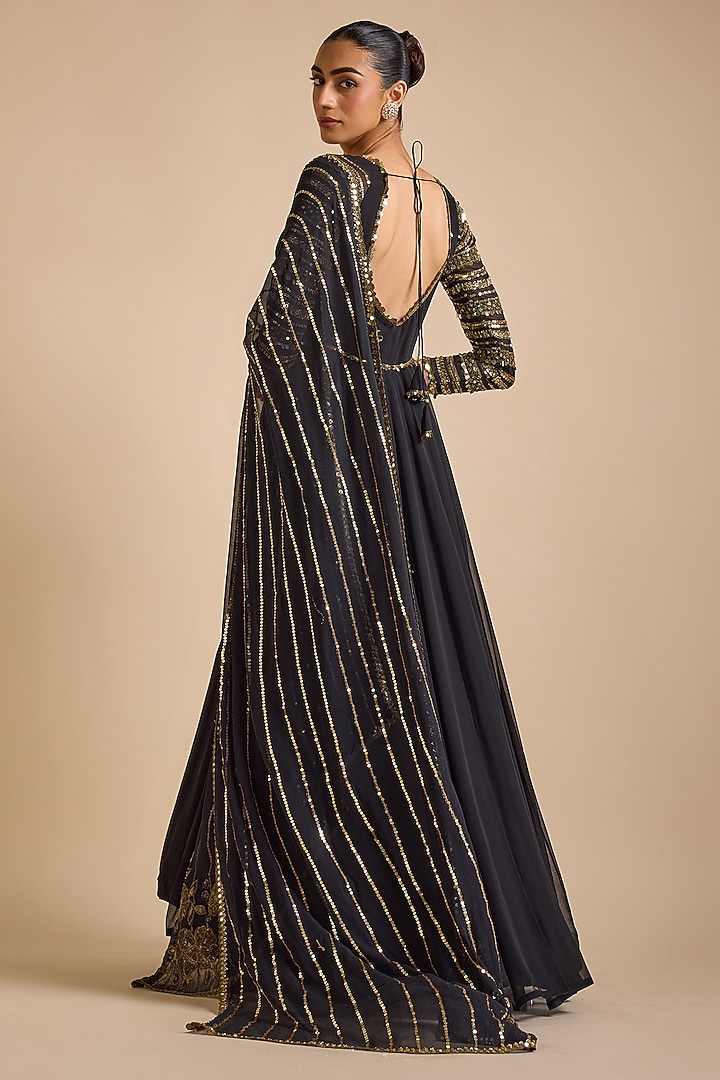 Black Georgette Embroidered Wedding Anarkali Set by Prevasu at Pernia's Pop Up Shop