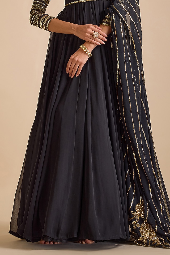 Black Georgette Embroidered Wedding Anarkali Set by Prevasu at Pernia's Pop Up Shop