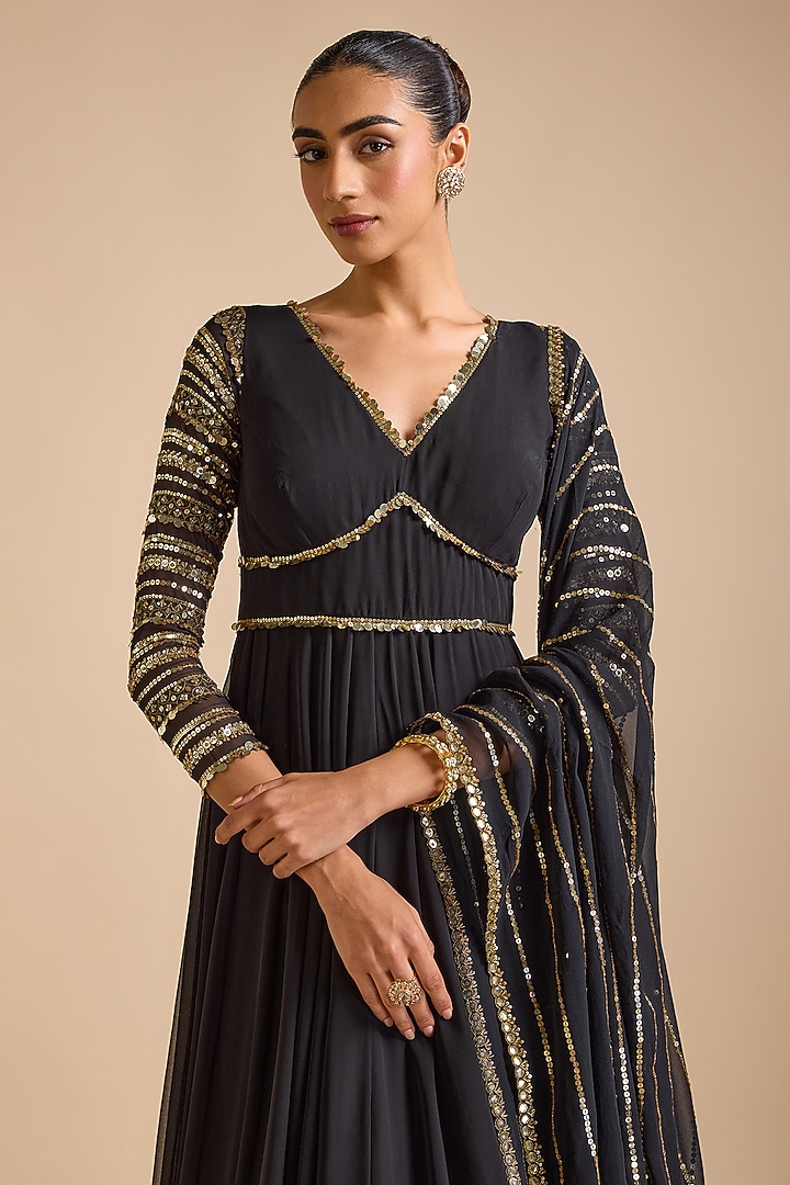 Black Georgette Embroidered Wedding Anarkali Set by Prevasu at Pernia's Pop Up Shop