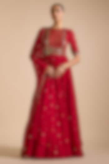 Red Georgette Sequins & Thread Embroidered Layered Anarkali Set by Prevasu at Pernia's Pop Up Shop