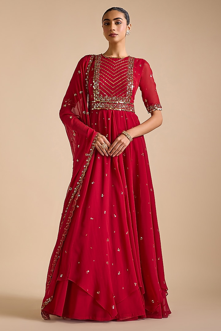 Red Georgette Sequins & Thread Embroidered Layered Anarkali Set by Prevasu at Pernia's Pop Up Shop