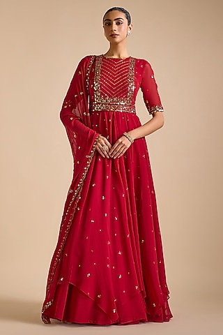 Red Georgette Sequins & Thread Embroidered Layered Anarkali Set by Prevasu