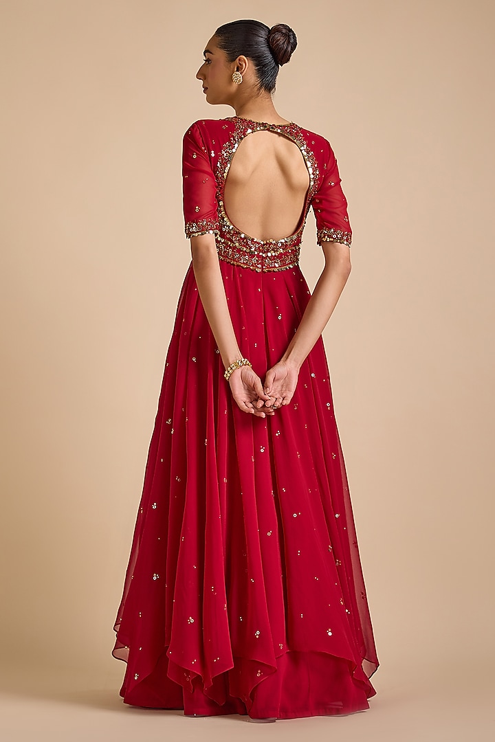 chinese dress ladies Maroon Color Georgette Three Layer Ruffle Style Anarkali Suit – TANHAI main image 0