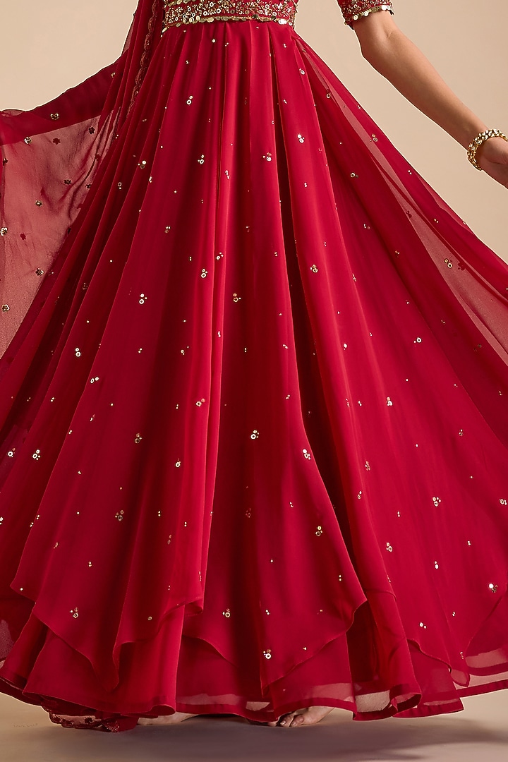 Red Georgette Sequins & Thread Embroidered Layered Wedding Anarkali Set by Prevasu at Pernia's Pop Up Shop