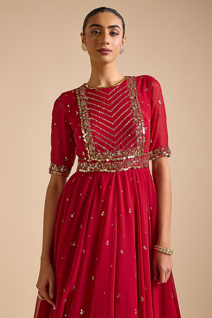 Red Georgette Sequins & Thread Embroidered Layered Wedding Anarkali Set by Prevasu at Pernia's Pop Up Shop