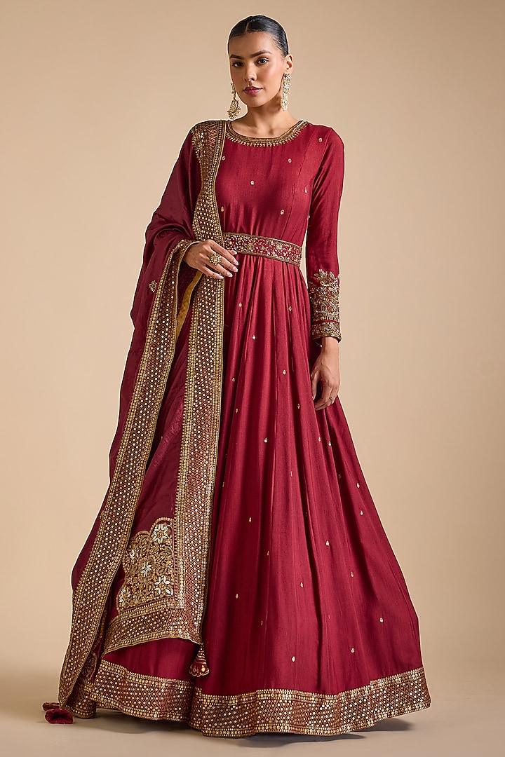 Maroon Blended Tussar Embellished Anarkali Set by Prevasu at Pernia's Pop Up Shop