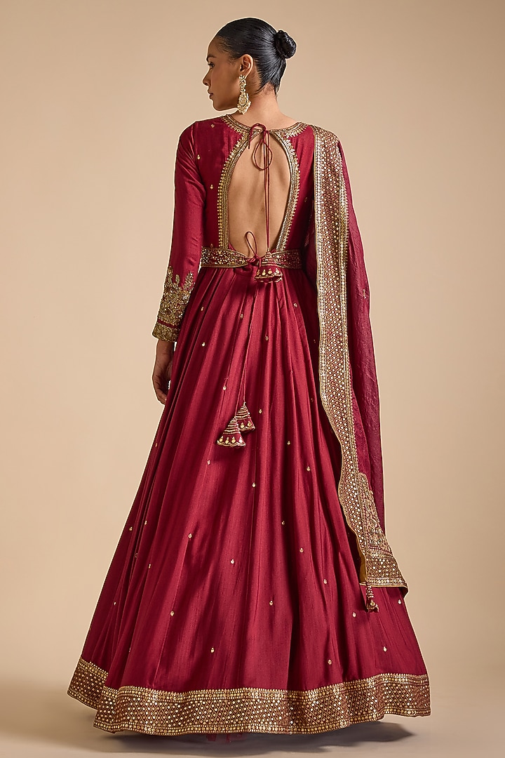 Maroon Blended Tussar Embellished Bridal Anarkali Set by Prevasu at Pernia's Pop Up Shop