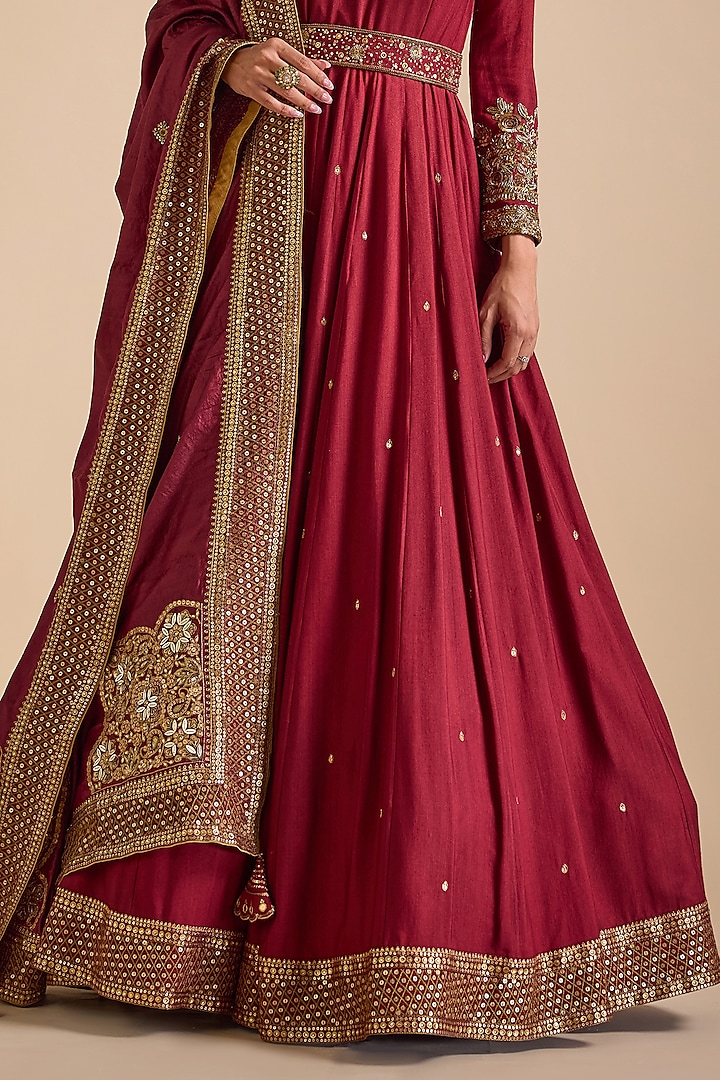 Maroon Blended Tussar Embellished Bridal Anarkali Set by Prevasu at Pernia's Pop Up Shop