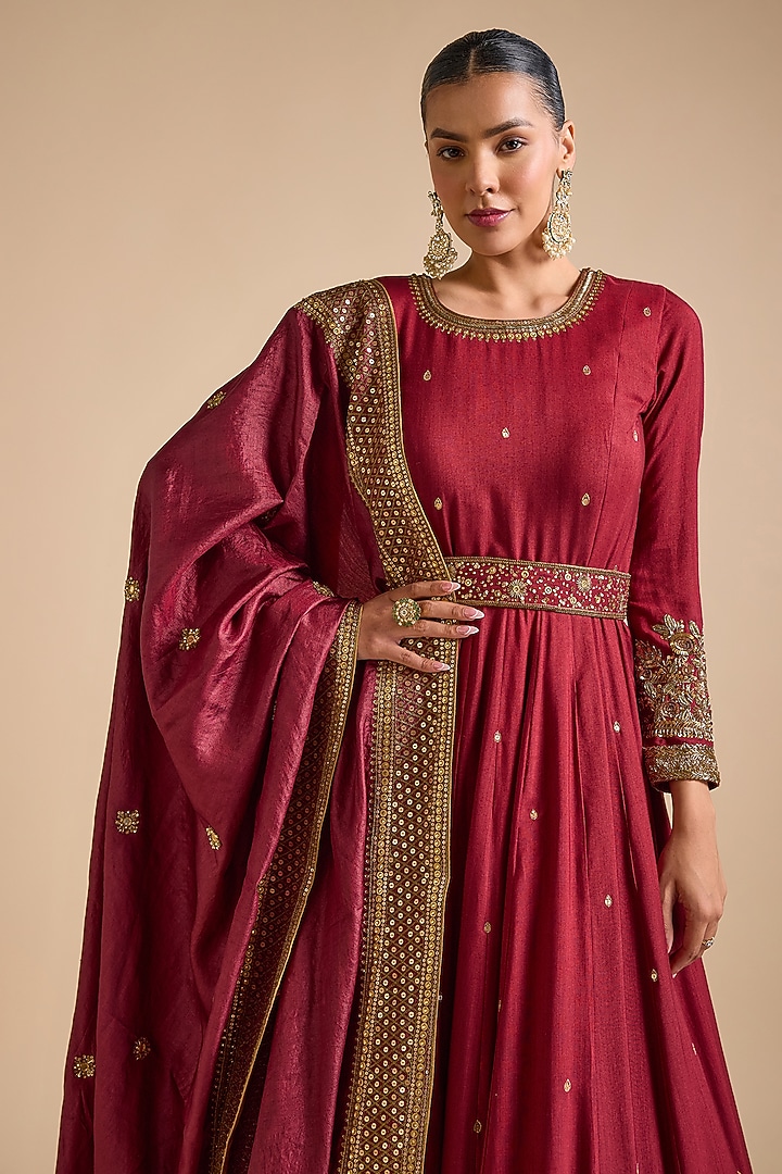 Maroon Blended Tussar Embellished Bridal Anarkali Set by Prevasu at Pernia's Pop Up Shop