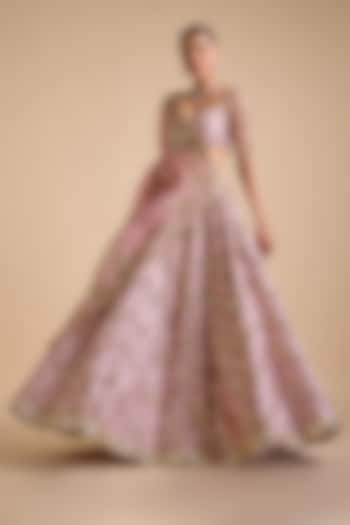 Soft Pink Net Sequins Embroidered Lehenga Set by Prevasu